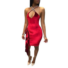 Load image into Gallery viewer, 2019 fashion sexy gold velvet dress pearl hanging